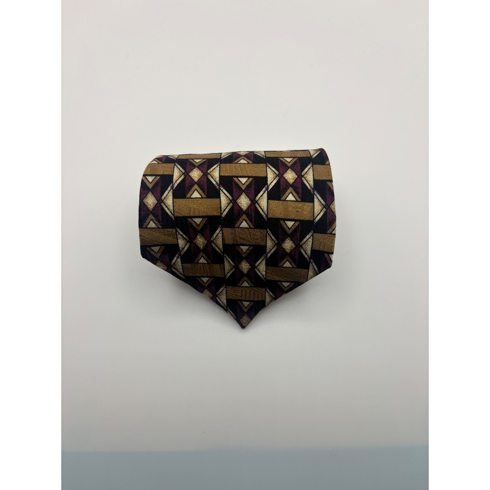 Martin Wong Napa CA Silk Necktie Geometric Gold Burgundy Black Made in USA